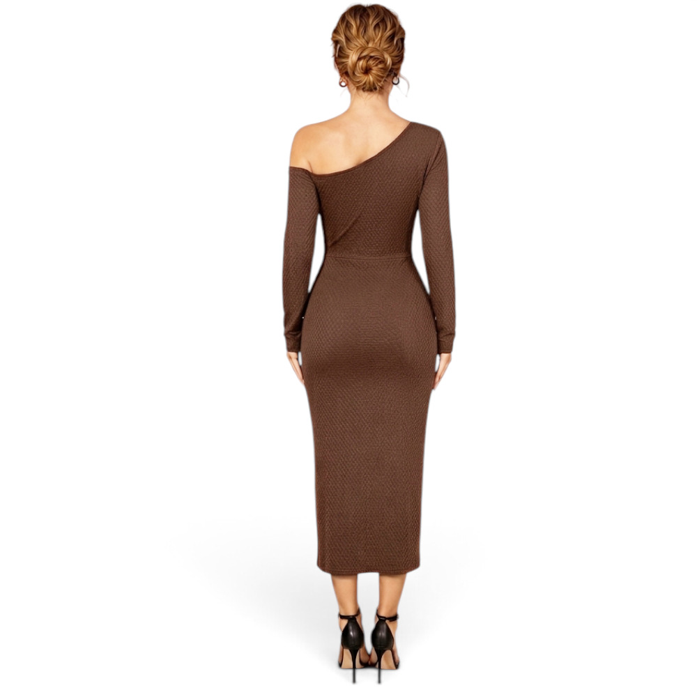 VESTIDO ASIMETRICO BROCHE MANGA LARGA DOM464-30 CASHIMIR COLOR CHOCOLATE - 2