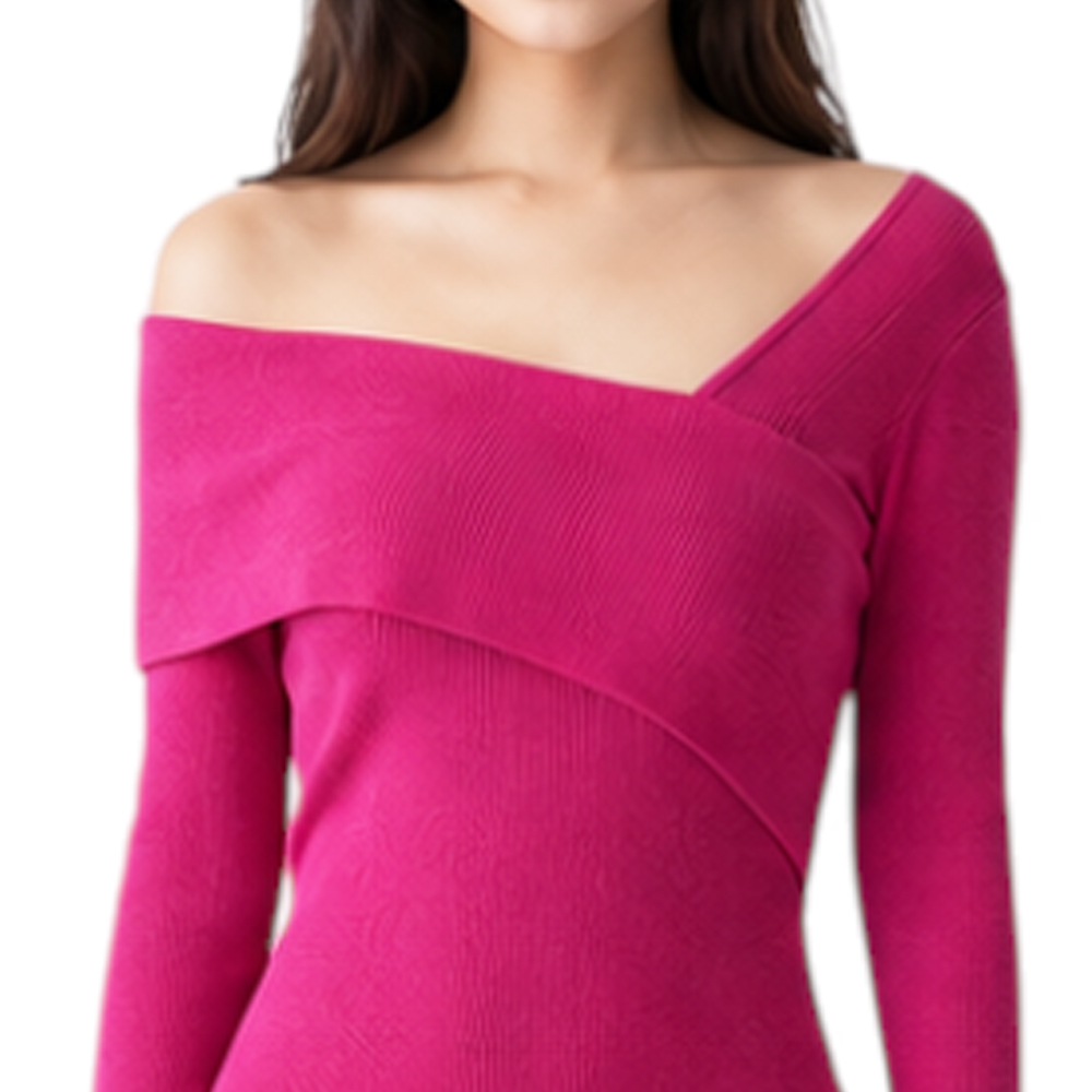VESTIDO ASIMETRICO MANGA LARGA BROCHES RIB GRUESO COL-26 COLOR FUCSIA - 2