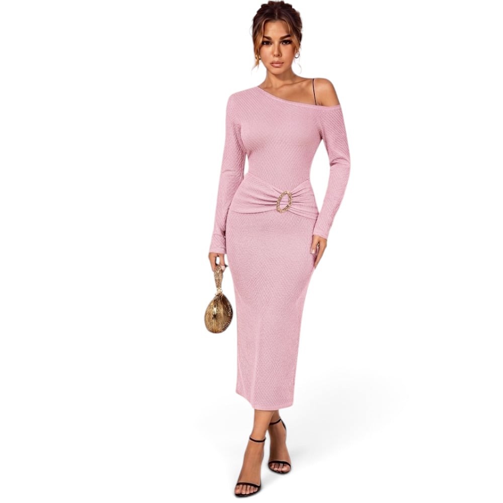 VESTIDO ASIMETRICO BROCHE MANGA LARGA DOM464-30 CASHIMIR COLOR API - 1