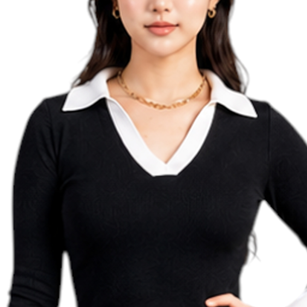 VESTIDO CAMISERO BICOLOR MANGA LARGA TIC-24RIB GRUESO ALGODON COLOR NEGRO - 5