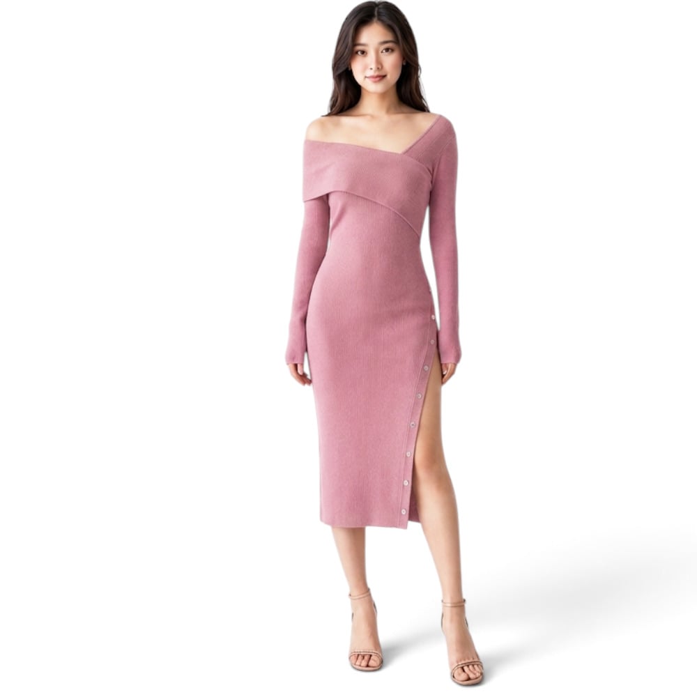VESTIDO ASIMETRICO MANGA LARGA BROCHES RIB GRUESO COL-26 COLOR PALO ROSA - 1