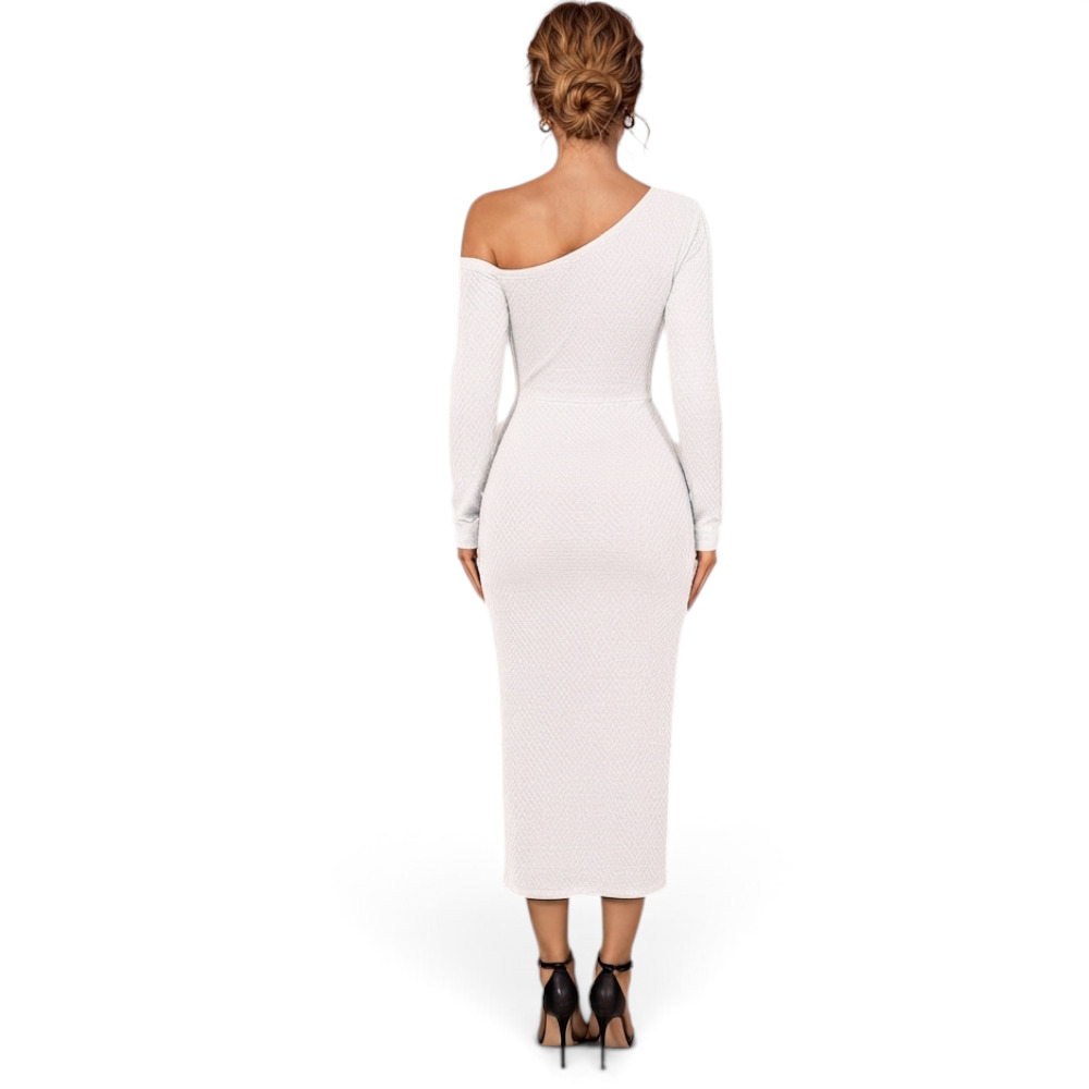 VESTIDO ASIMETRICO BROCHE MANGA LARGA DOM464-30 CASHIMIR COLOR PERLA - 2