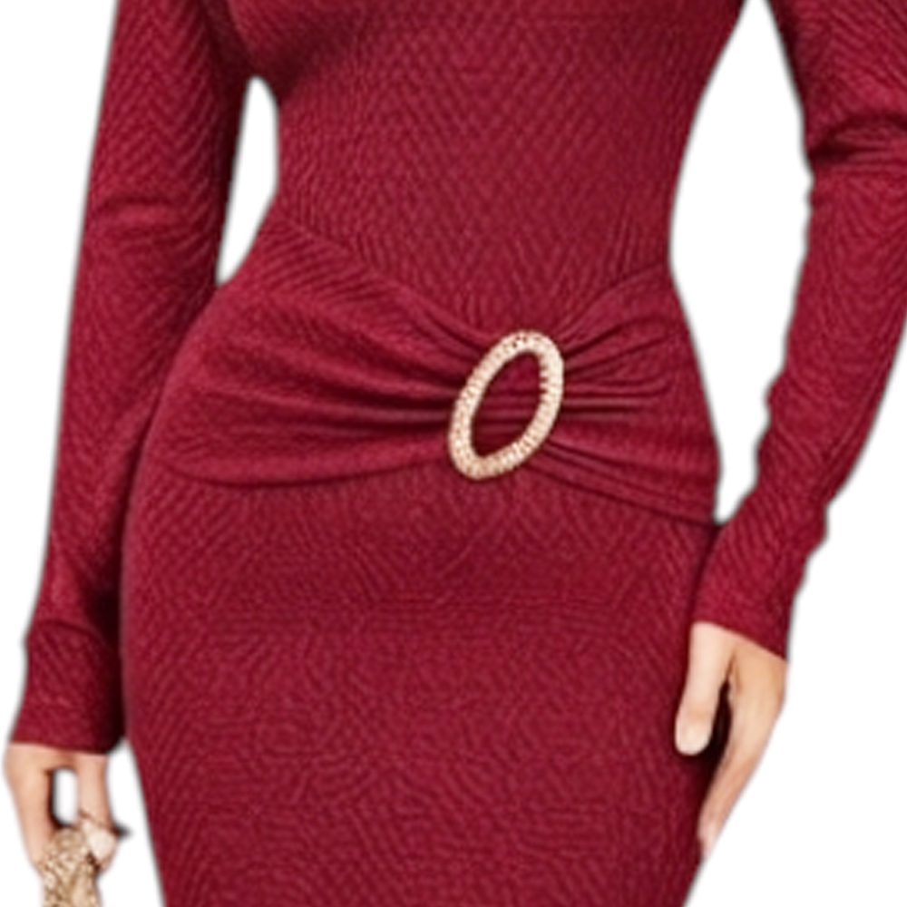 VESTIDO ASIMETRICO BROCHE MANGA LARGA DOM464-30 CASHIMIR COLOR VINO - 4