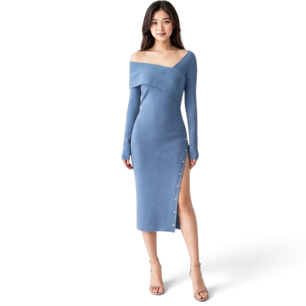 VESTIDO ASIMETRICO MANGA LARGA BROCHES RIB GRUESO COL-26 COLOR ACERO - 1