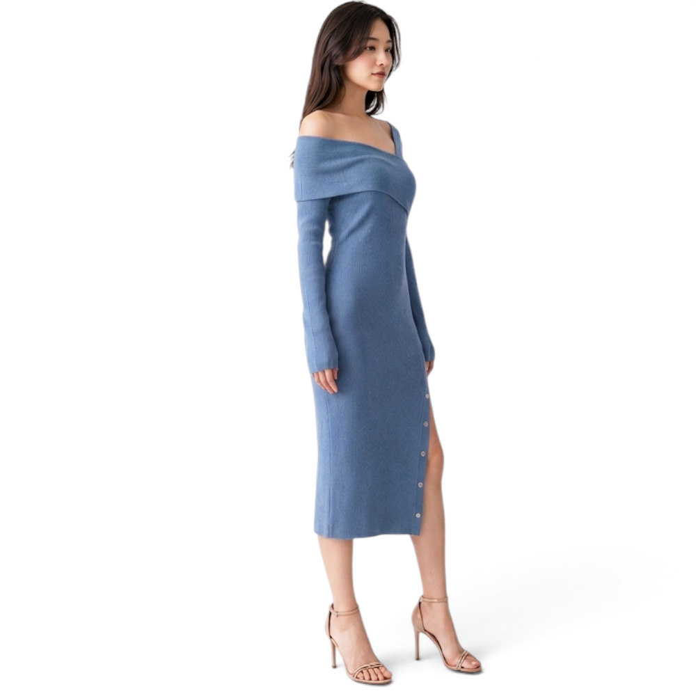 VESTIDO ASIMETRICO MANGA LARGA BROCHES RIB GRUESO COL-26 COLOR ACERO - 4