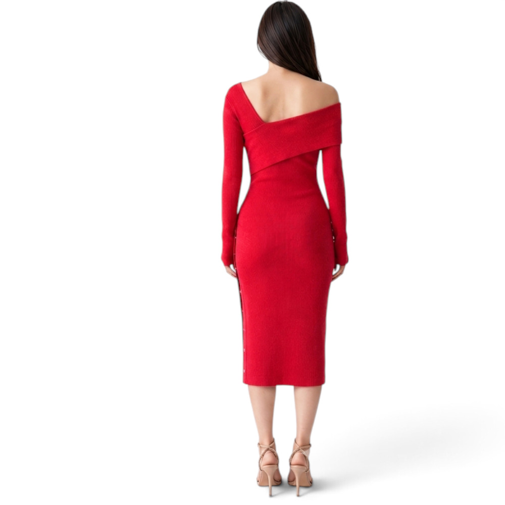 VESTIDO ASIMETRICO MANGA LARGA BROCHES RIB GRUESO COL-26 COLOR ROJO - 3