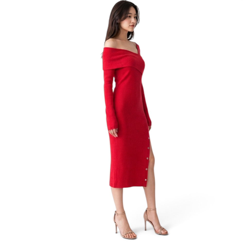VESTIDO ASIMETRICO MANGA LARGA BROCHES RIB GRUESO COL-26 COLOR ROJO - 4