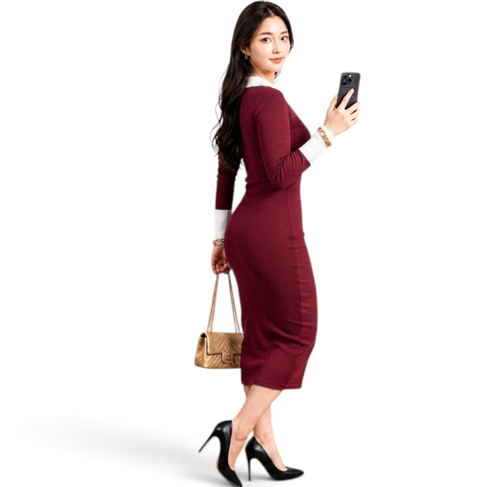 VESTIDO CAMISERO BICOLOR MANGA LARGA TIC-24RIB GRUESO ALGODON COLOR VINO - 3