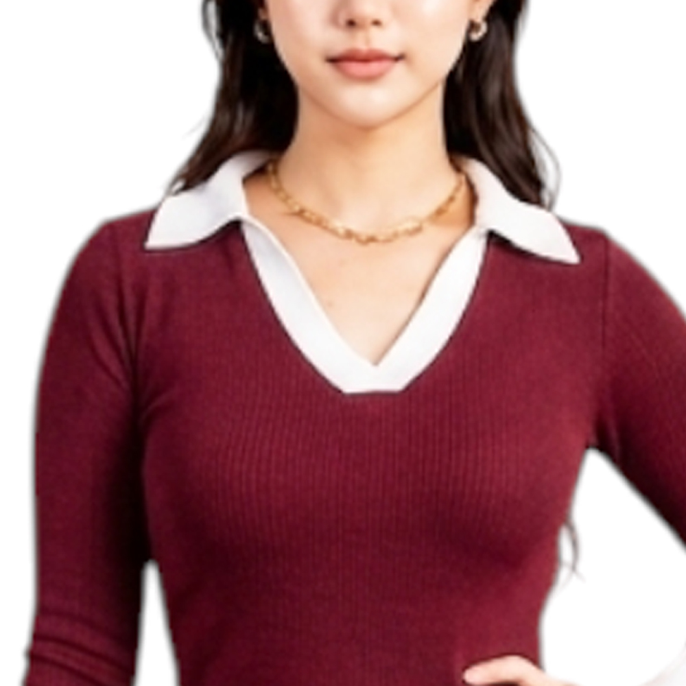 VESTIDO CAMISERO BICOLOR MANGA LARGA TIC-24RIB GRUESO ALGODON COLOR VINO - 5
