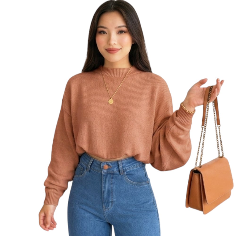 CHOMPA MUJER CASUAL MANGA MURCIELAGO FIB-25 TACTO ALGODON COLOR CARAMELO - 1