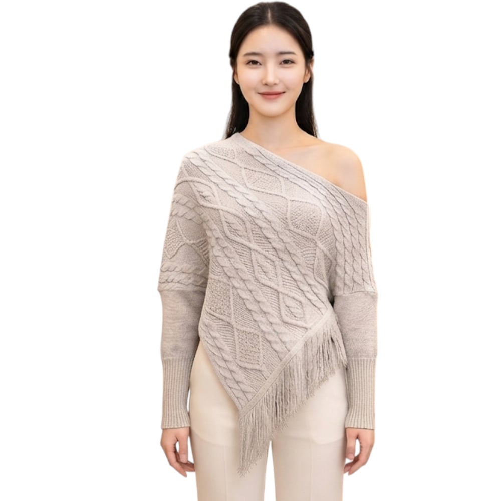 PONCHO MUJER TARZAN CON FLECOS 464G-24 TACTO ALGODON COLOR BEIGE - 1