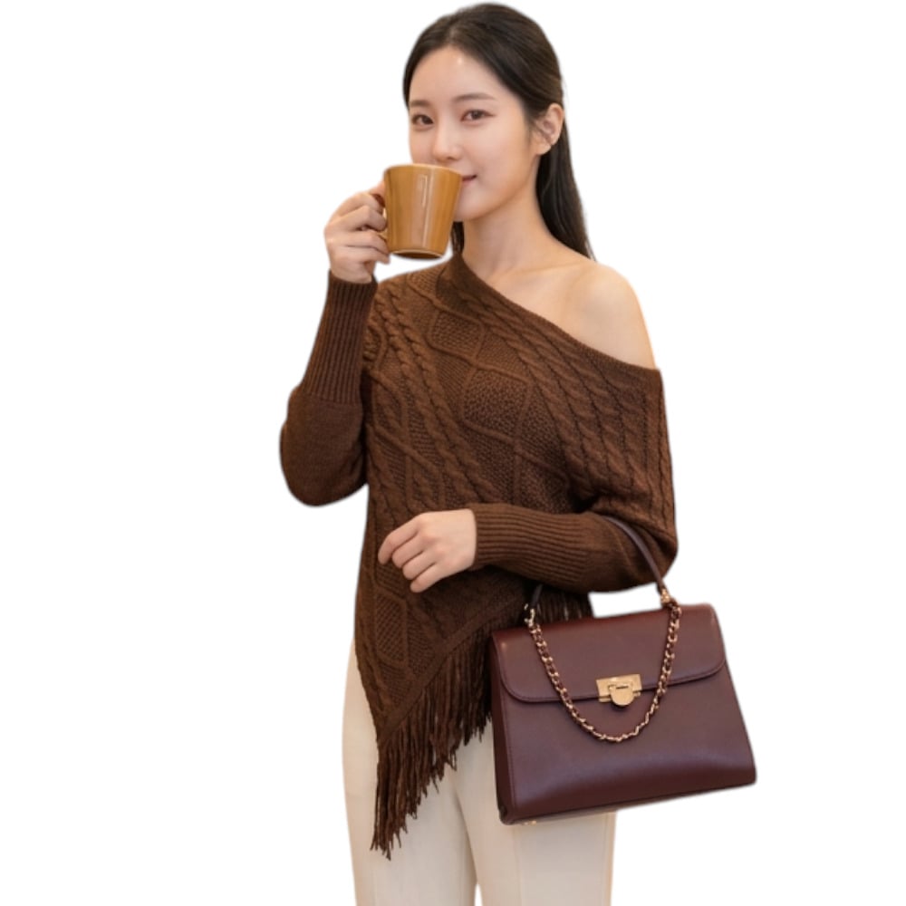 PONCHO MUJER TARZAN CON FLECOS 464G-24 TACTO ALGODON COLOR CHOCOLATE - 3