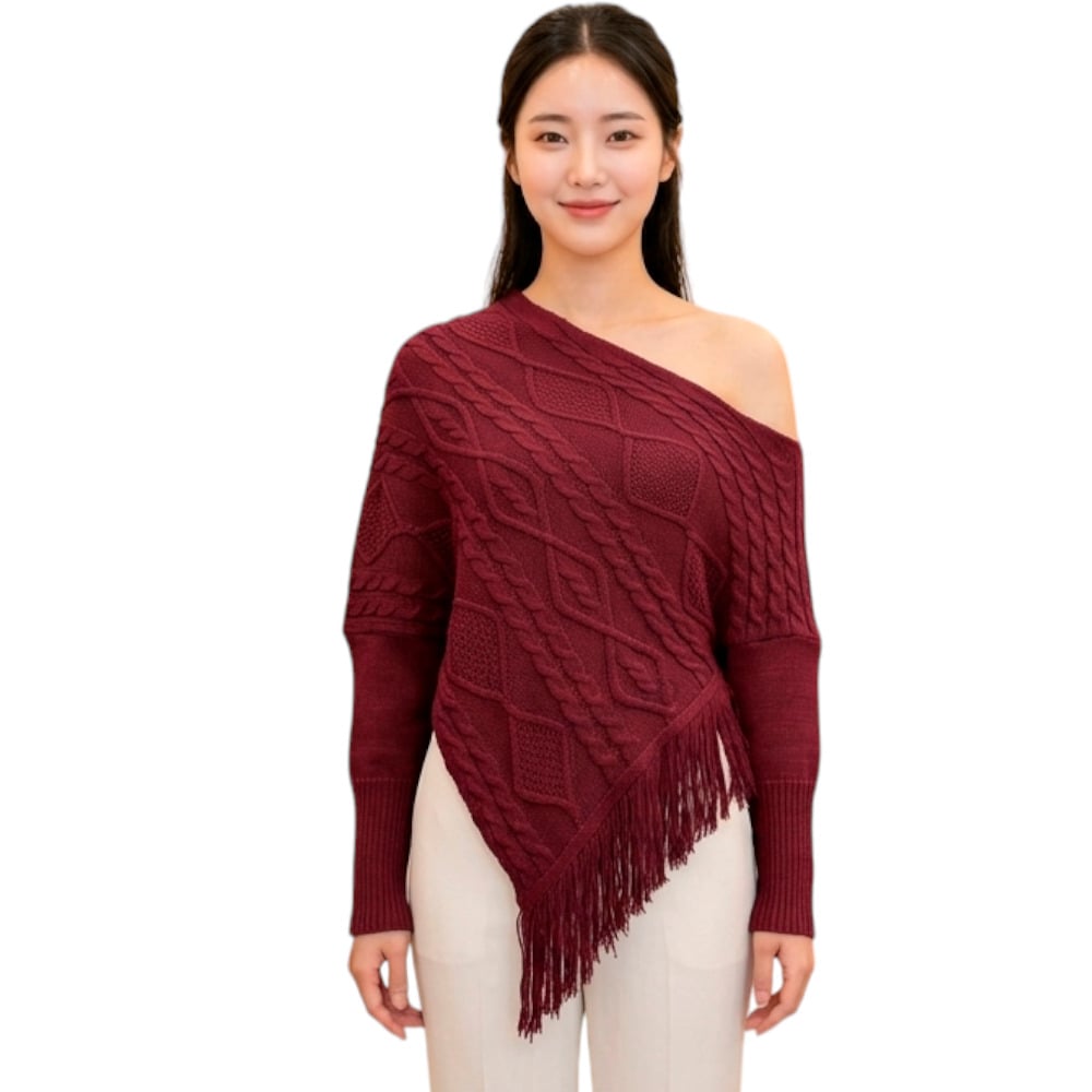 PONCHO MUJER TARZAN CON FLECOS 464G-24 TACTO ALGODON COLOR VINO - 1