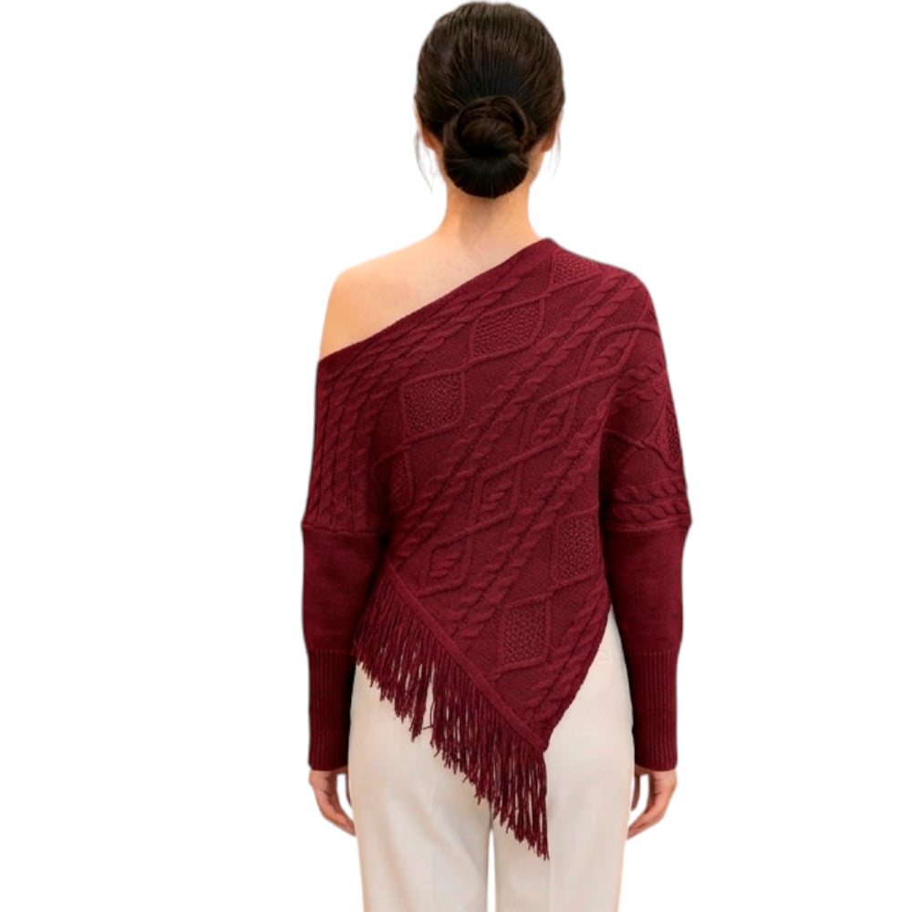 PONCHO MUJER TARZAN CON FLECOS 464G-24 TACTO ALGODON COLOR VINO - 2