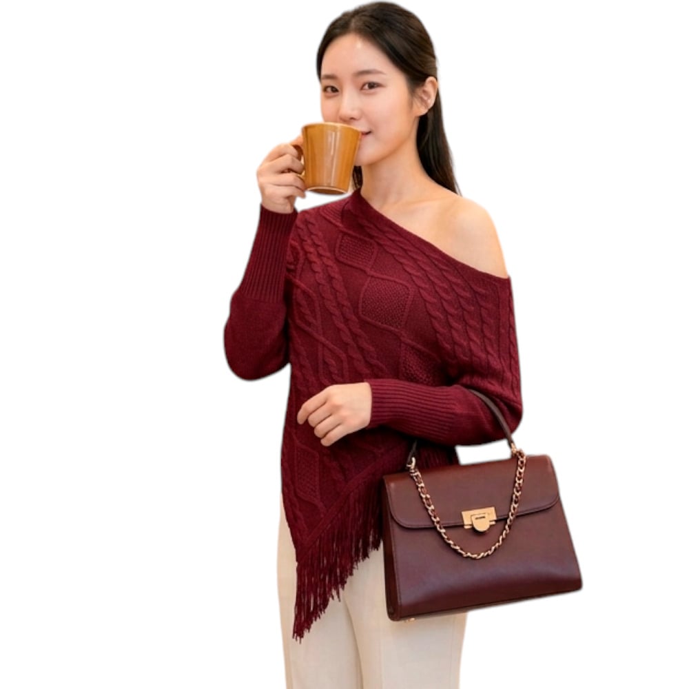 PONCHO MUJER TARZAN CON FLECOS 464G-24 TACTO ALGODON COLOR VINO - 3