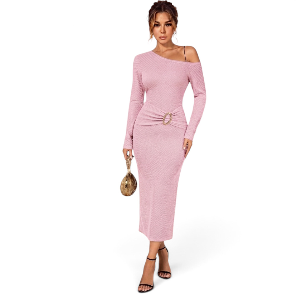 VESTIDO ASIMETRICO BROCHE MANGA LARGA DOM464-30 CASHIMIR COLOR API - 1