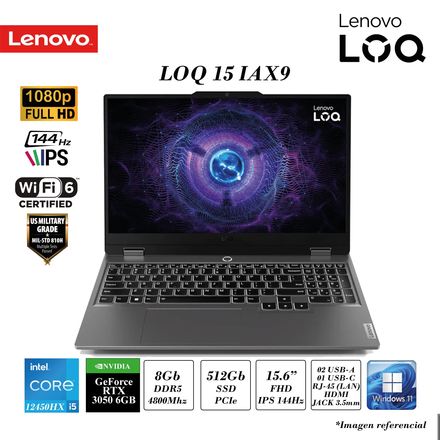 LAPTOP GAMER LENOVO LOQ 15IAX9 INTEL CORE I5-12450HX 8GB DDR5 512GB SSD 6GB NVIDIA RTX3050 15.6 FHD IPS 144HZ WIN 11 - 1