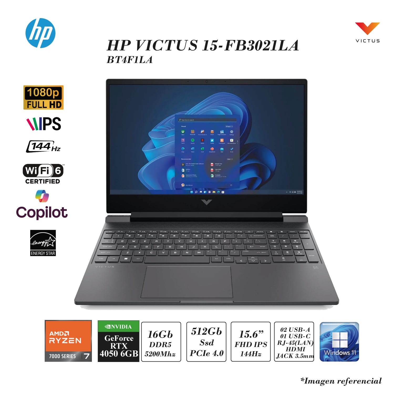 HP VICTUS 15-FB3021LA RYZEN 7-7445HS 16GB RAM DDR5 512GB SSD PCIE 6GB RTX4050 15.6 FHD IPS 144HZ WIN 11 - 1