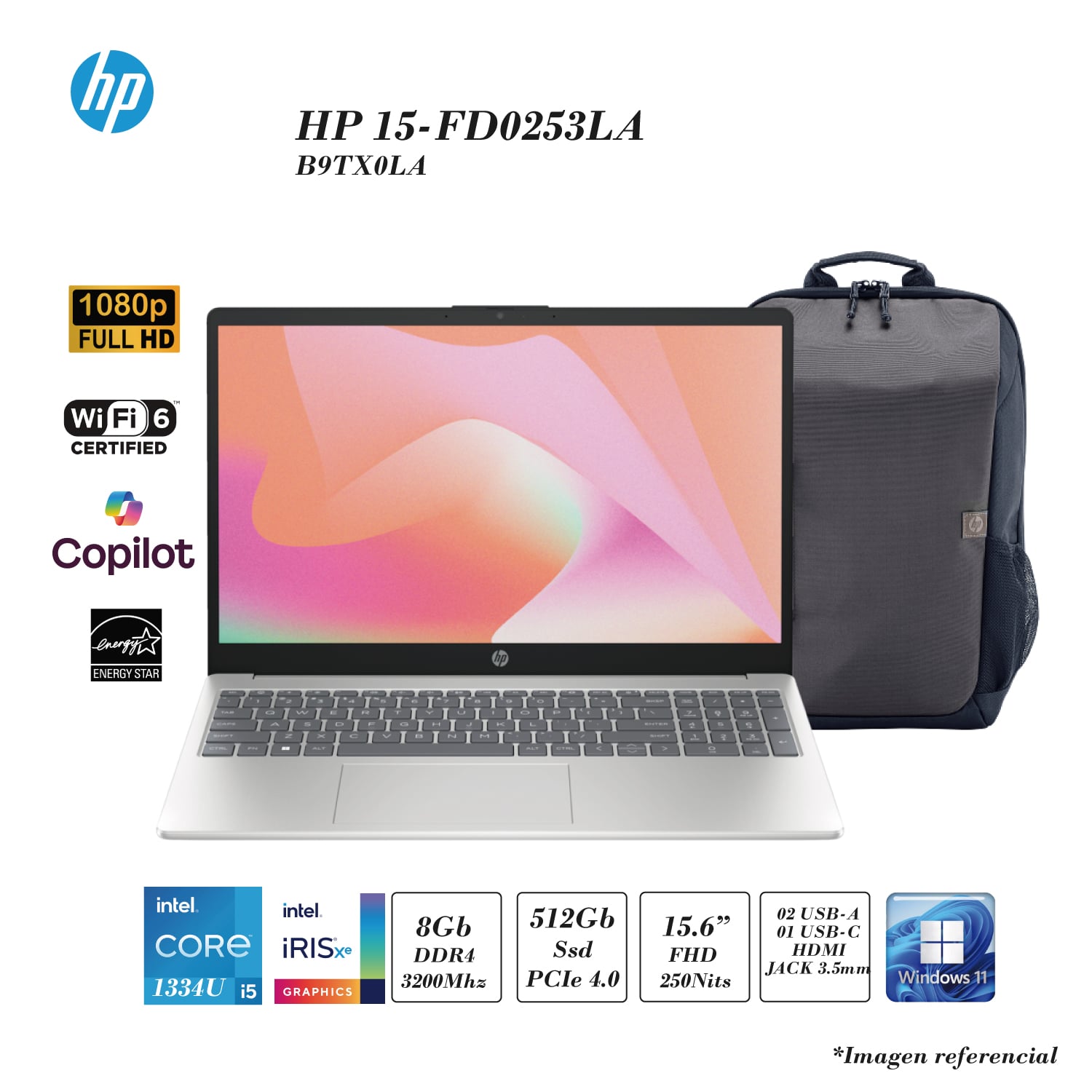 LAPTOP HP 15-FD0253LA INTEL CORE I5-1334U 8GB DDR4 512GB SSD INTEL GRAPHICS 15.6 FHD WINDOWS 11 HOME - 1