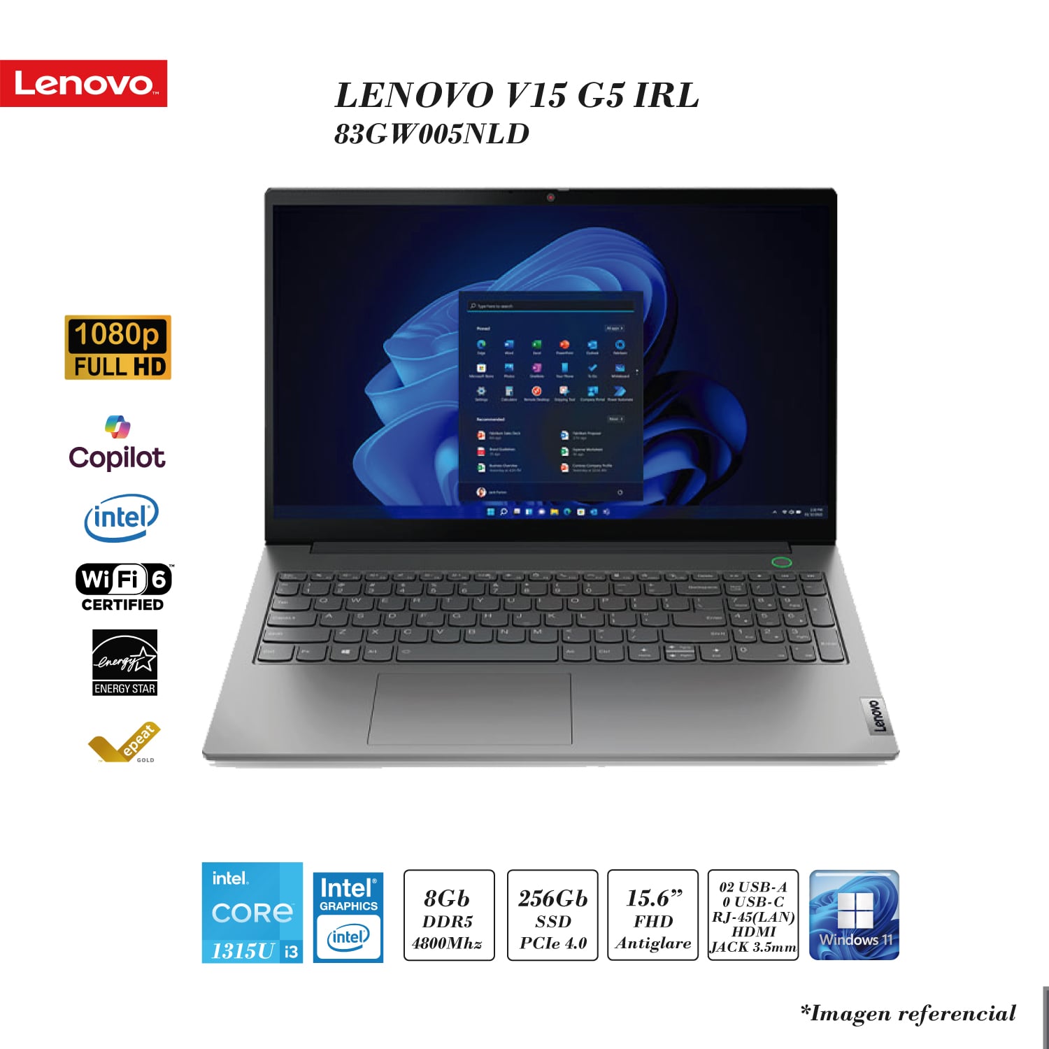 LENOVO V 15 G5 IRU INTEL I3-1315U 8GB RAM DDR5 256GB SSD INTEL UHD 15.6 FHD ARTIC GREY FD - 1