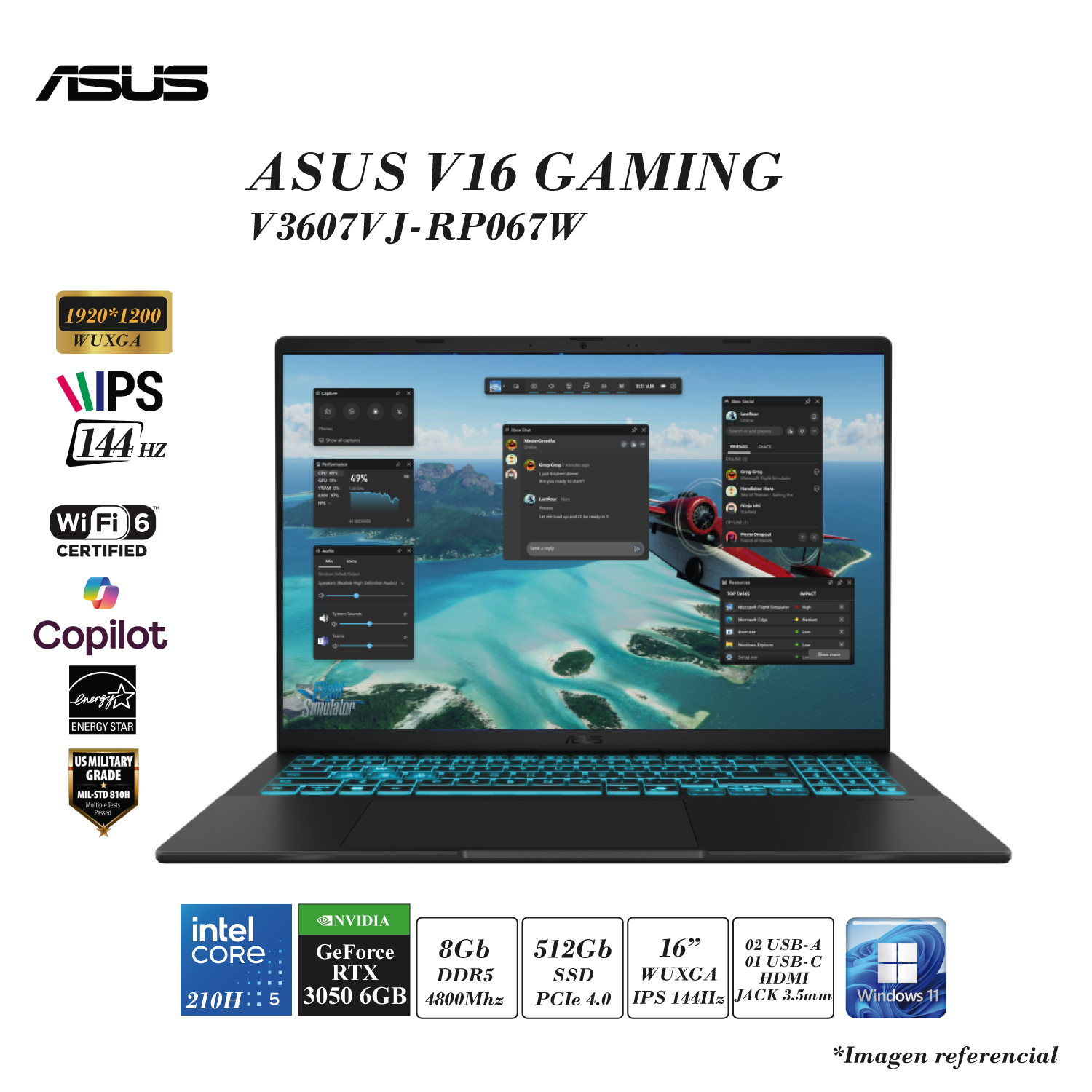 ASUS V16 GAMING INTEL CORE 5 210H 8GB RAM DDR5 512GB SSD 6GB RTX3050 GDDR6 16' WUXGA IPS 144HZ WIN 11 - 1