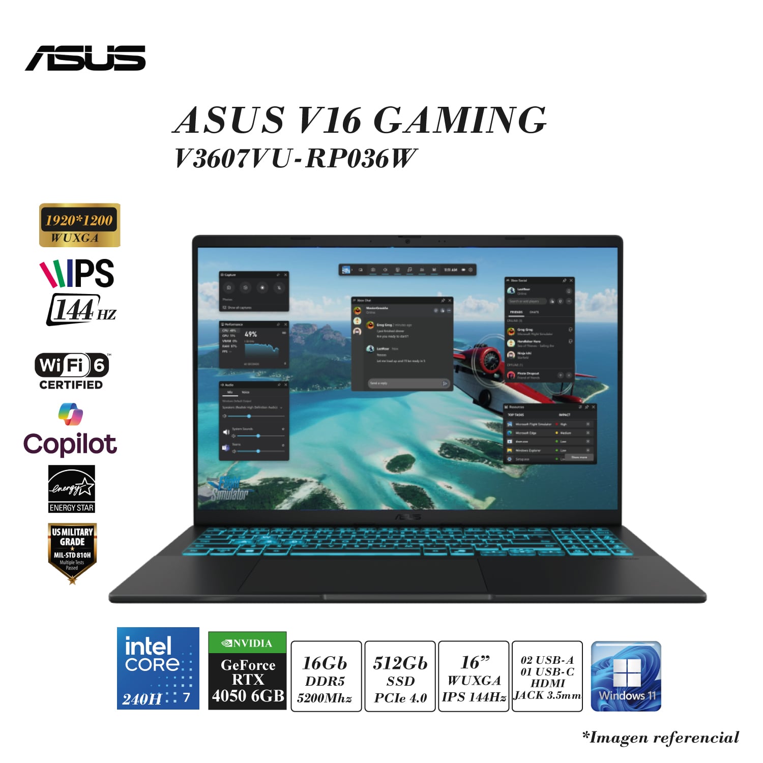 ASUS  V16 GAMING V3607V INTEL CORE 7 240H 10N 16GB RAM 512GB SSD 6GB RTX4050 16 WUXGA 144HZ WIN 11 - 1
