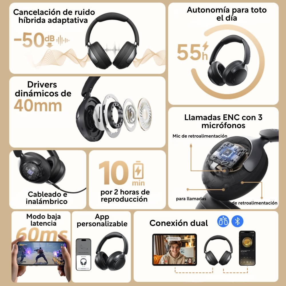 AUDÍFONOS INALÁMBRICOS QCY H3 PRO -50DB CANCELACIÓN DE RUIDO - 2