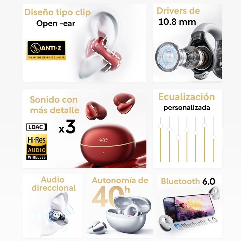 AUDIFONOS INALAMBRICOS QCY CROSSKY C30S OPEN EAR CON CLIP AUTONOMÍA DE 40H - 2