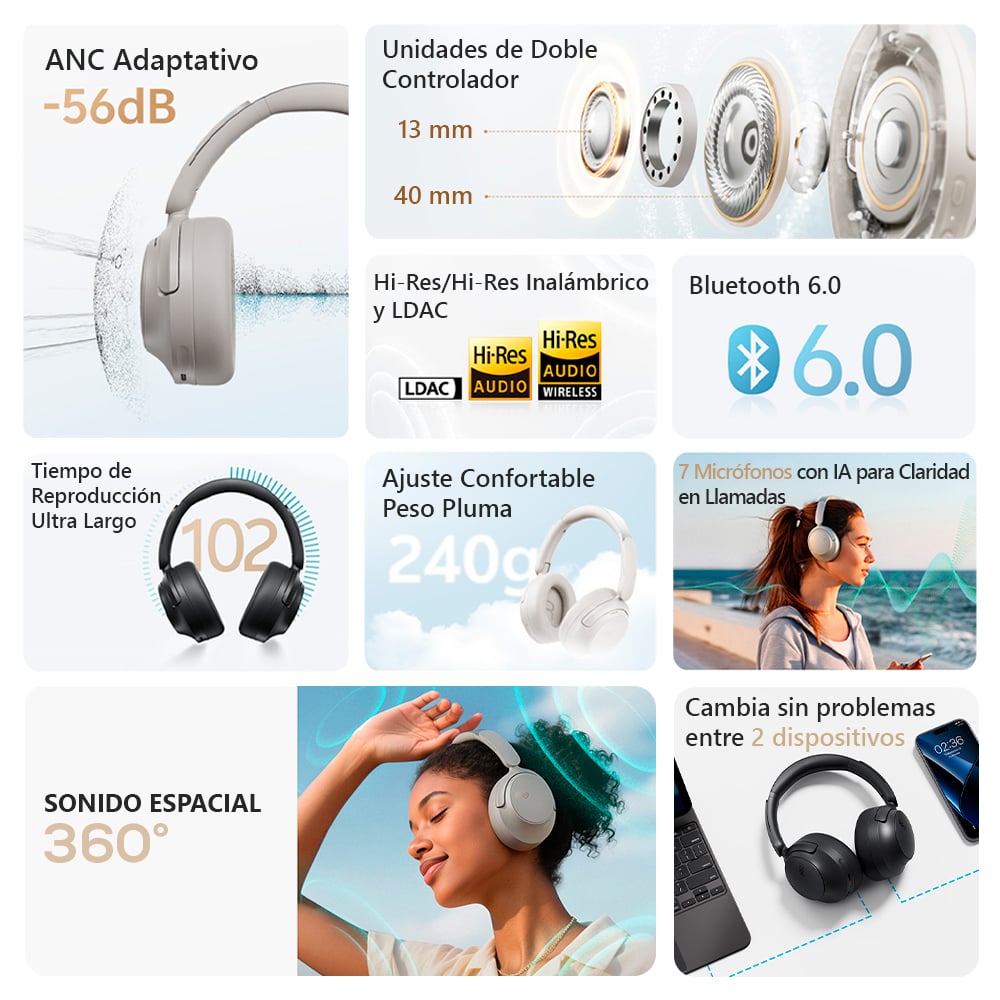 AUDÍFONOS INALÁMBRICOS QCY H3S BLUETOOTH 60 -56DB CANCELACIÓN DE RUIDO 102H - 2