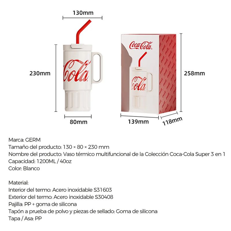 VASO TERMICO PREMIUM COCA COLA X GERM 1200ML / 40.57 OZ BLANCO - 6