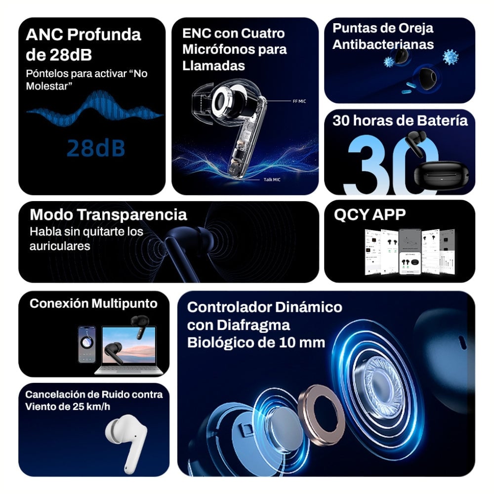 AUDÍFONOS BLUETOOTH QCY T13 ANC2 CON CANCELACIÓN DE RUIDO 28DB - 2
