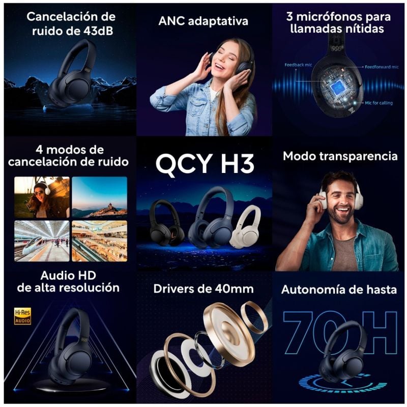 AUDÍFONOS INALÁMBRICOS QCY H3 BLUETOOTH 5.3 70H ANC ACTIVA - 2