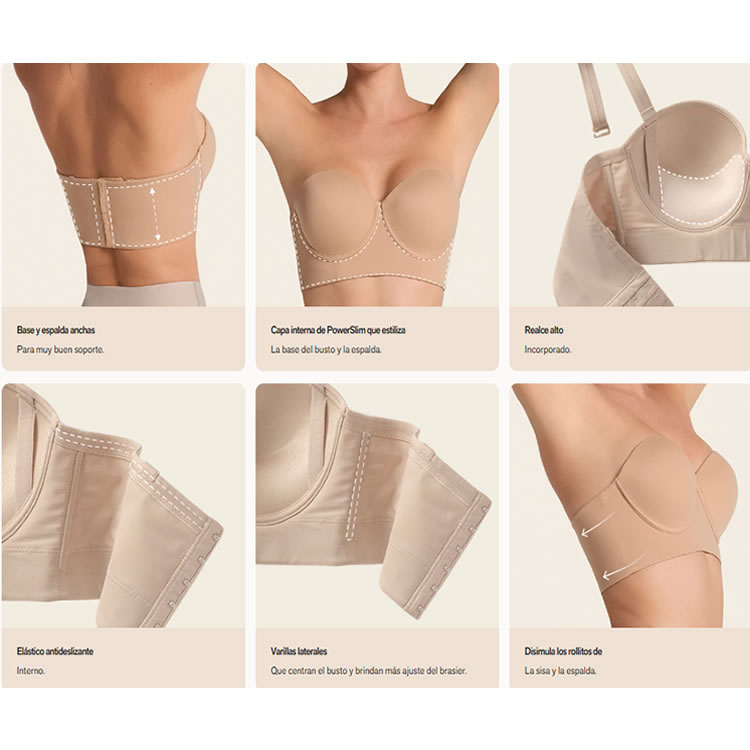 BRASIER STRAPLESS ESPALDA ANCHA REALCE ALTO BUSTIER 360° DE PERFECCIÓN 802 NUDE 38B - 10