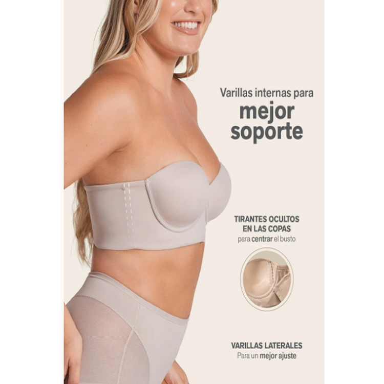 BRASIER STRAPLESS ESPALDA ANCHA REALCE ALTO BUSTIER 360° DE PERFECCIÓN 802 NUDE 38B - 3