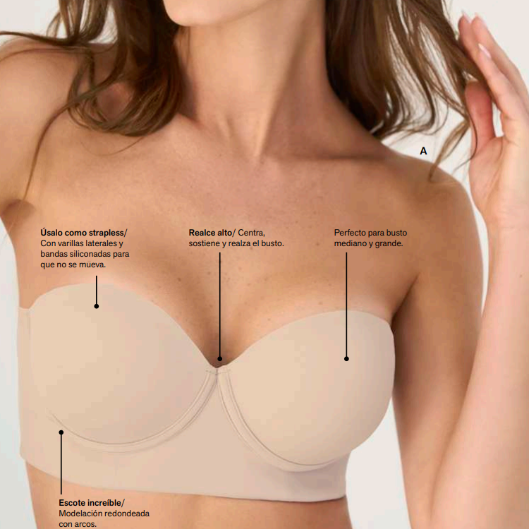 BRASIER STRAPLESS ESPALDA ANCHA REALCE ALTO BUSTIER 360° DE PERFECCIÓN 802 NUDE 38B - 7