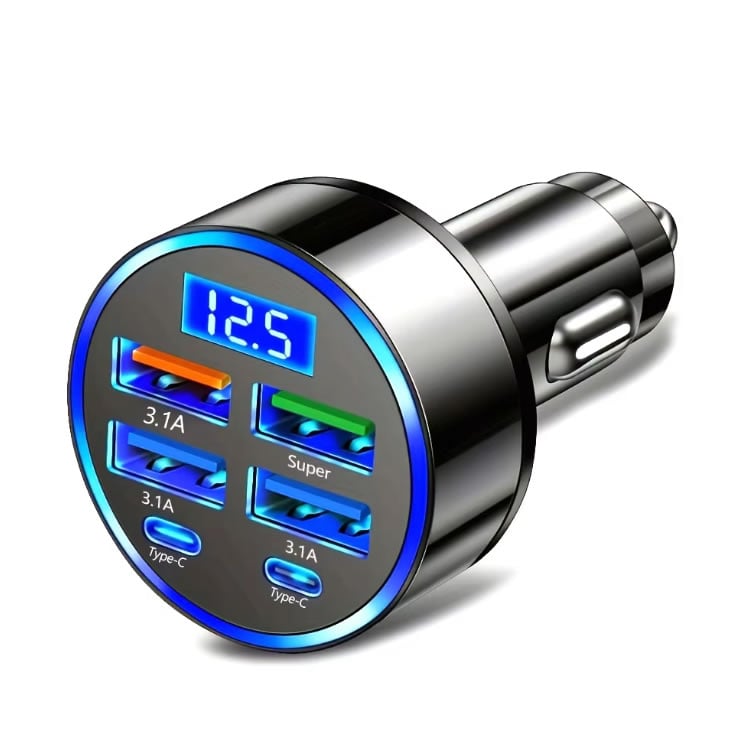 ADAPTADOR 6 EN 1 PARA COCHE 3.1A PANTALLA DIGITAL DUAL TIPO C - 1