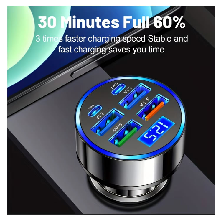 ADAPTADOR 6 EN 1 PARA COCHE 3.1A PANTALLA DIGITAL DUAL TIPO C - 5