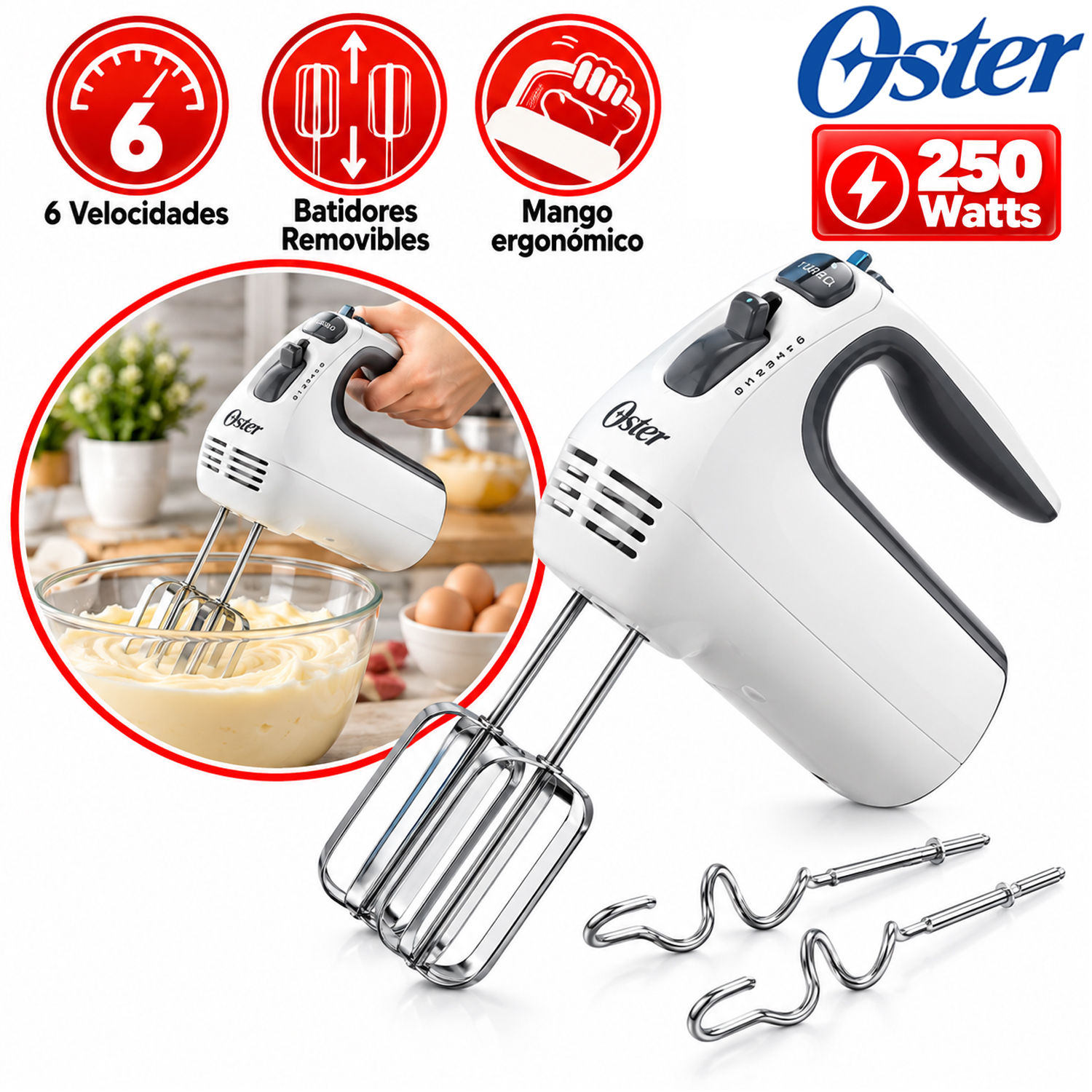 BATIDORA DE MANO OSTER FPSTHM3532 CON FUNCION TURBO - 1