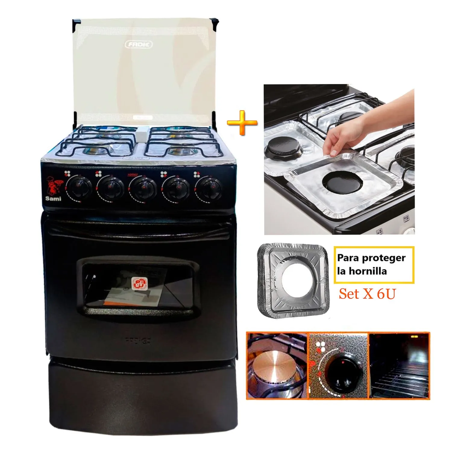 COCINA 4 HORNILLAS FADIC CON TAPA VIDRIO Y HORNO 4H NEGRO +PROTECTOR SAMI - 1