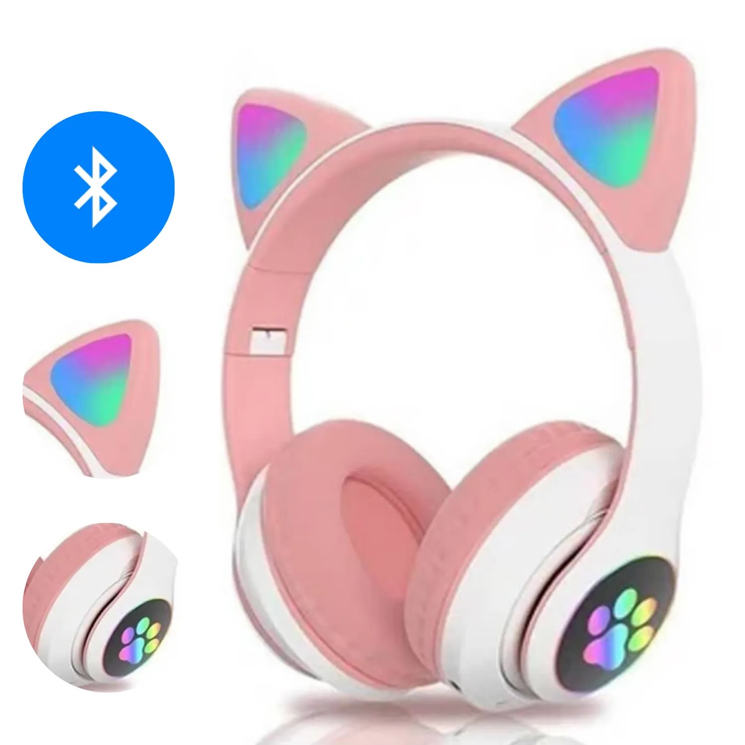 AUDÍFONOS STN-28BR BLUETOOTH GATO CON LUZ LED ROSADO - 1