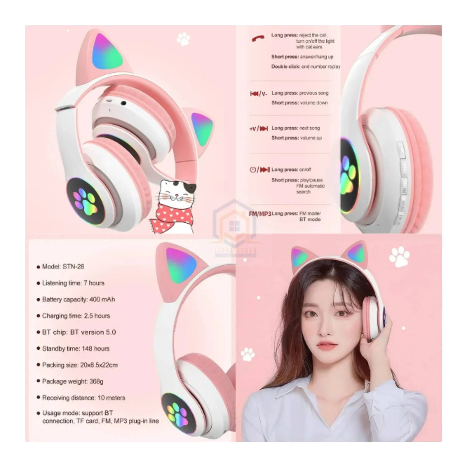 AUDÍFONOS STN-28BR BLUETOOTH GATO CON LUZ LED ROSADO - 2