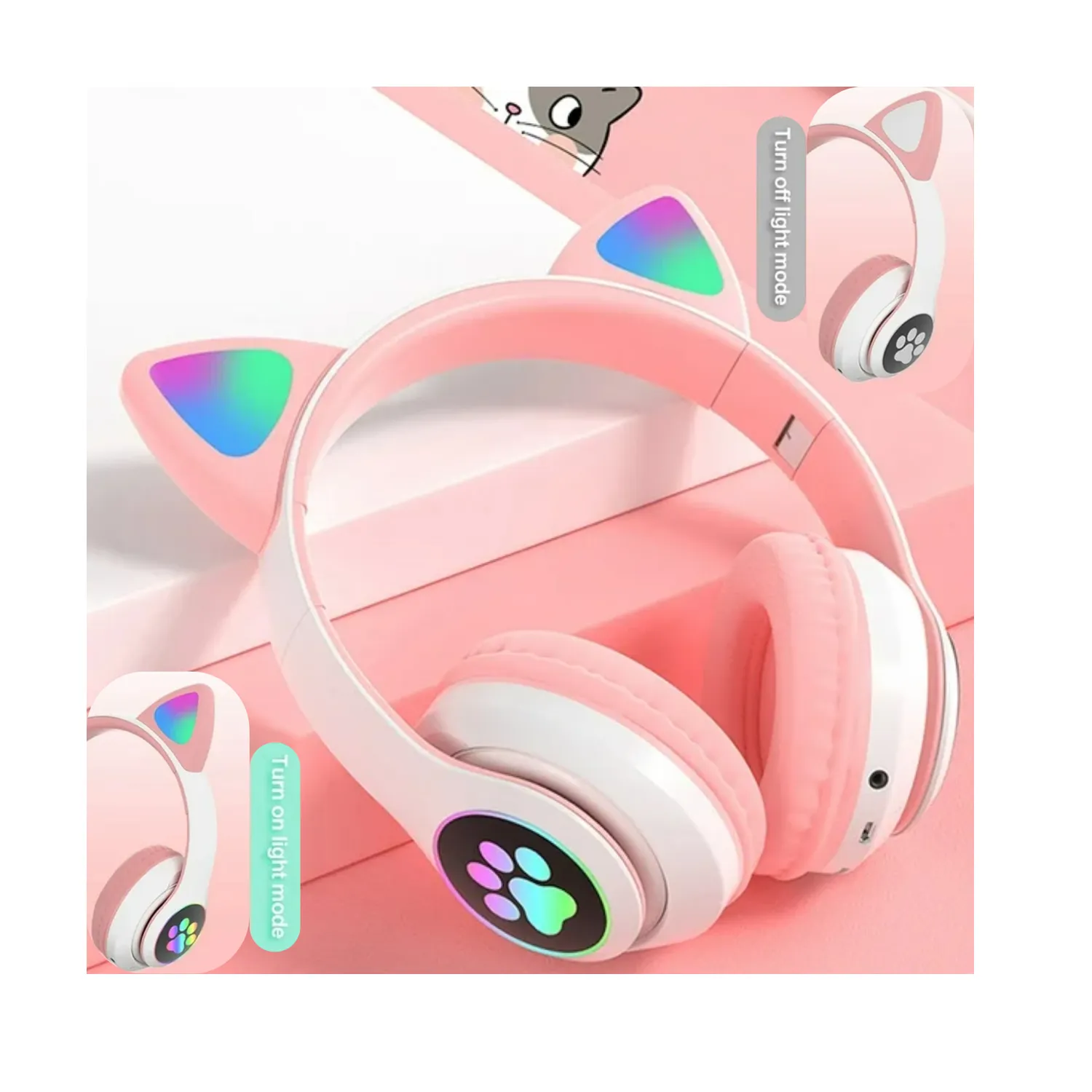 AUDÍFONOS STN-28BR BLUETOOTH GATO CON LUZ LED ROSADO - 3