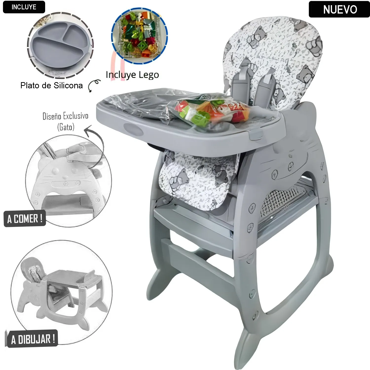 SILLA CARPETA HI BABY GATO 3 EN 1 GRIS CON PLATO Y LEGO - 1