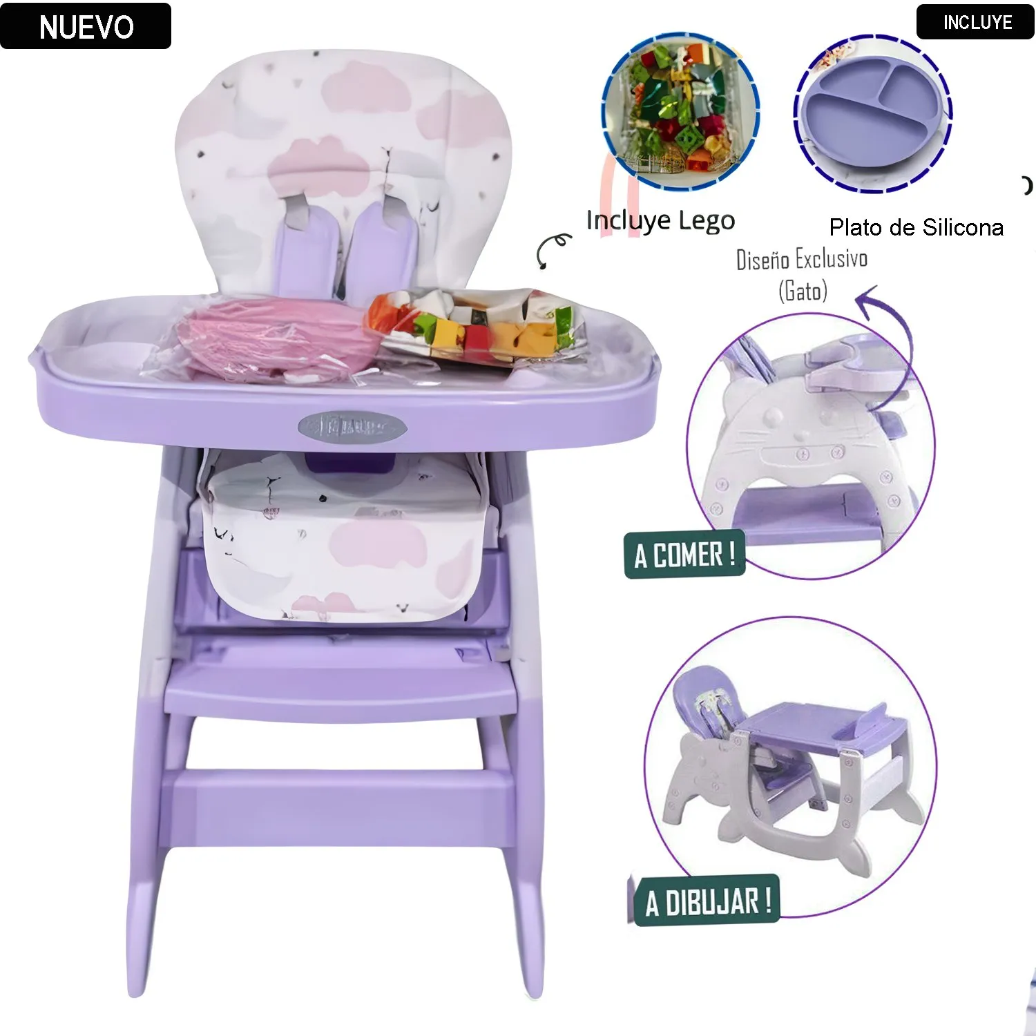 SILLA CARPETA HI BABY GATO 3 EN 1 LILA CON PLATO Y LEGO - 1