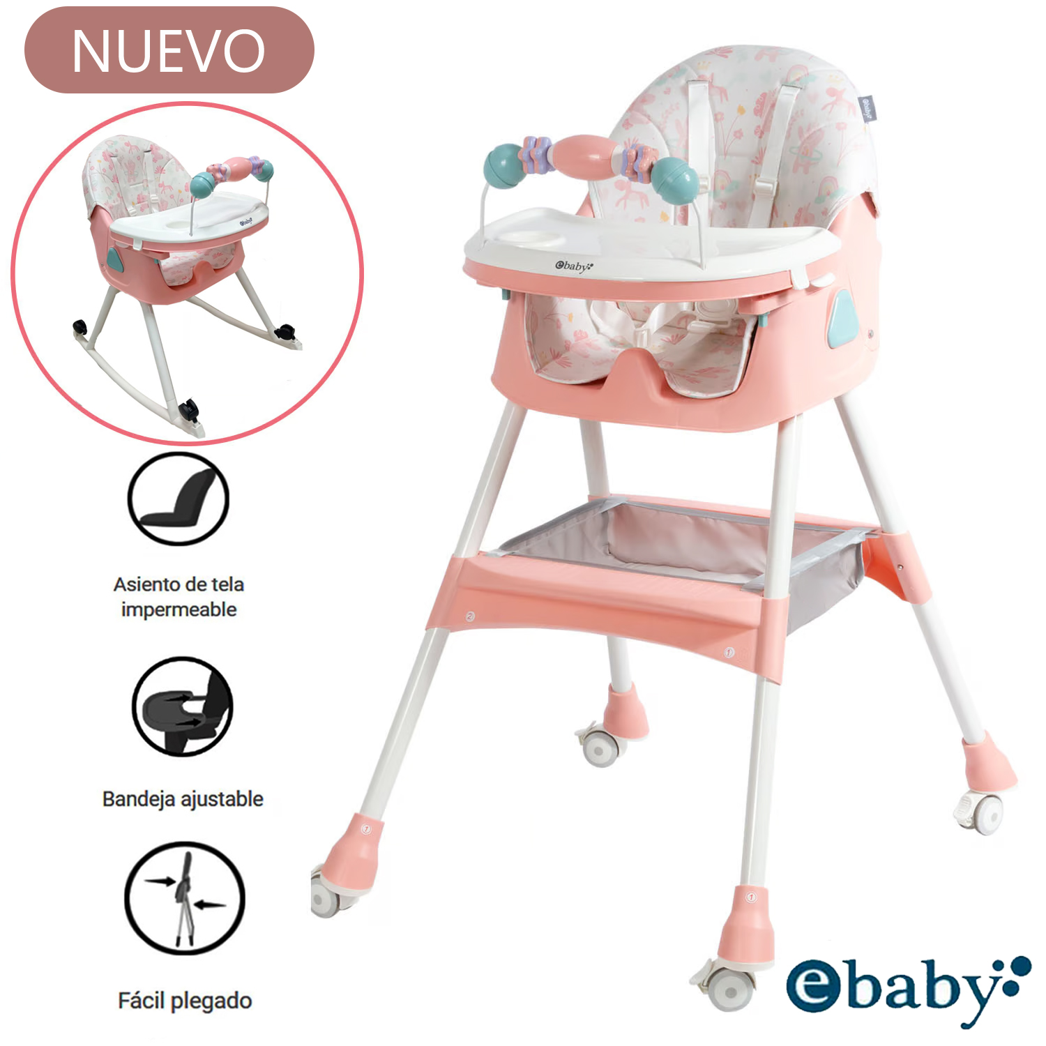 SILLA DE COMER ASIENTO RECLINABLE CON RUEDAS DALI ROSADO - 1