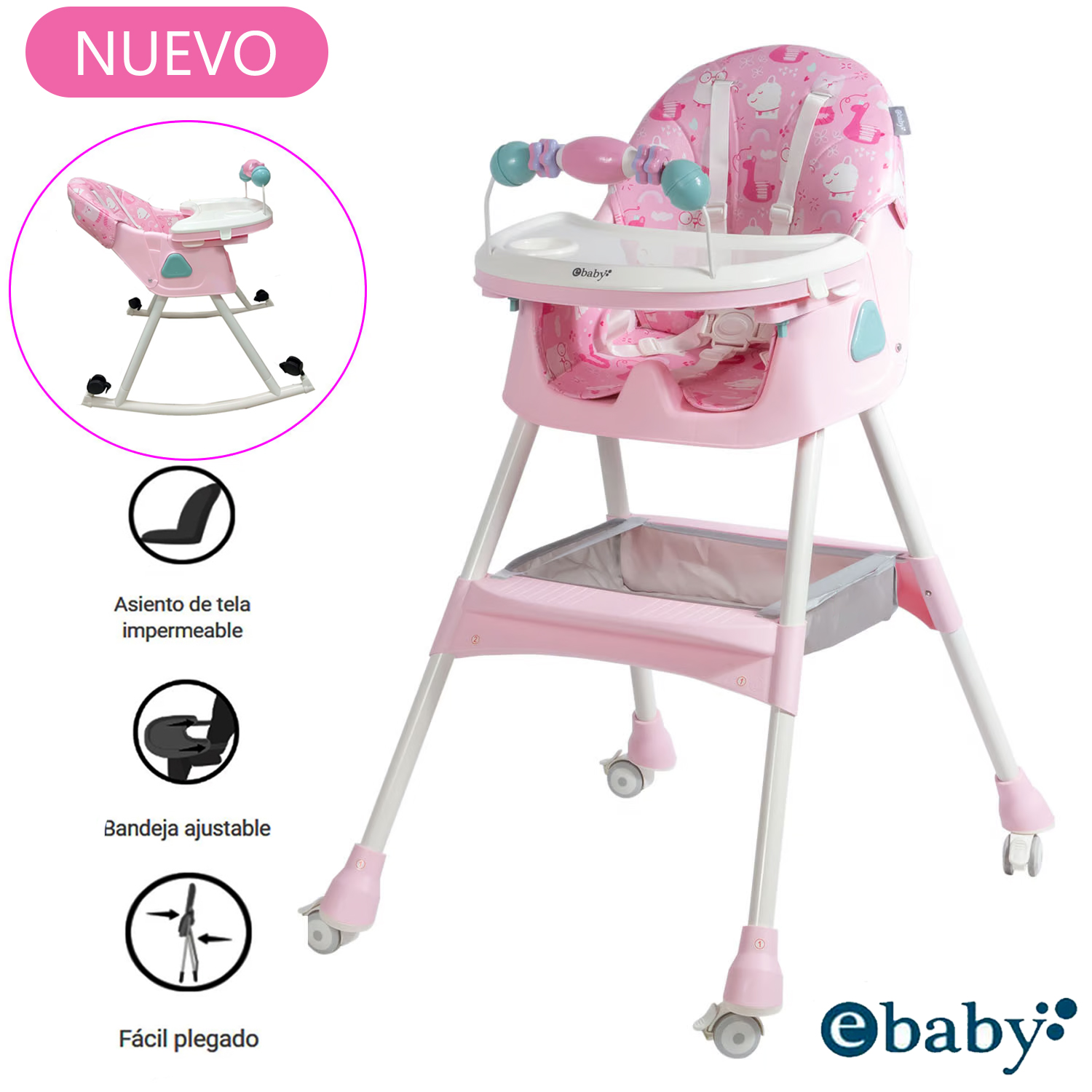 SILLA DE COMER ASIENTO RECLINABLE CON RUEDAS DALI FUCSIA - 1