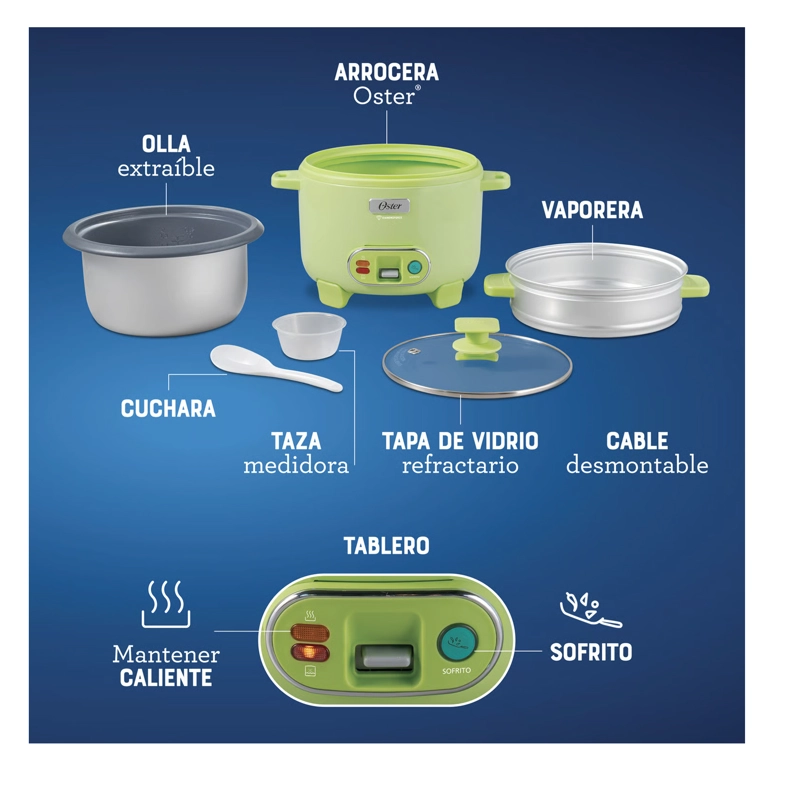 OLLA ARROCERA OSTER 1.8L 3 EN 1 FUNCIÓN DE SOFRITO VAPORERA CKSTRC10DFGRN VERDE - 6