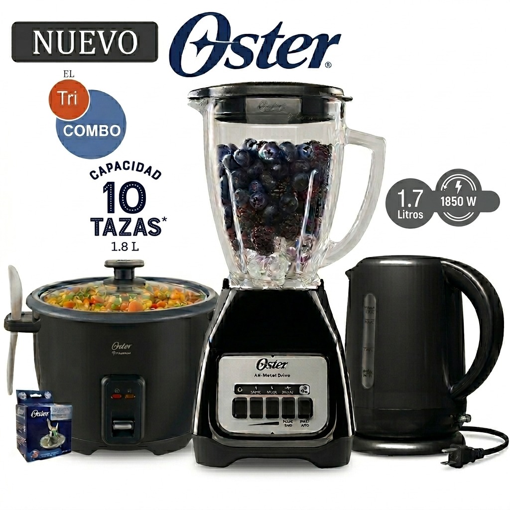 CUATRICOMBO OSTER OLLA ARROCERA CKSTRCB10DFBLK + LICUADORA BLSTKAGBPB + HERVIDOR 3101 + CUCHILLA - 1