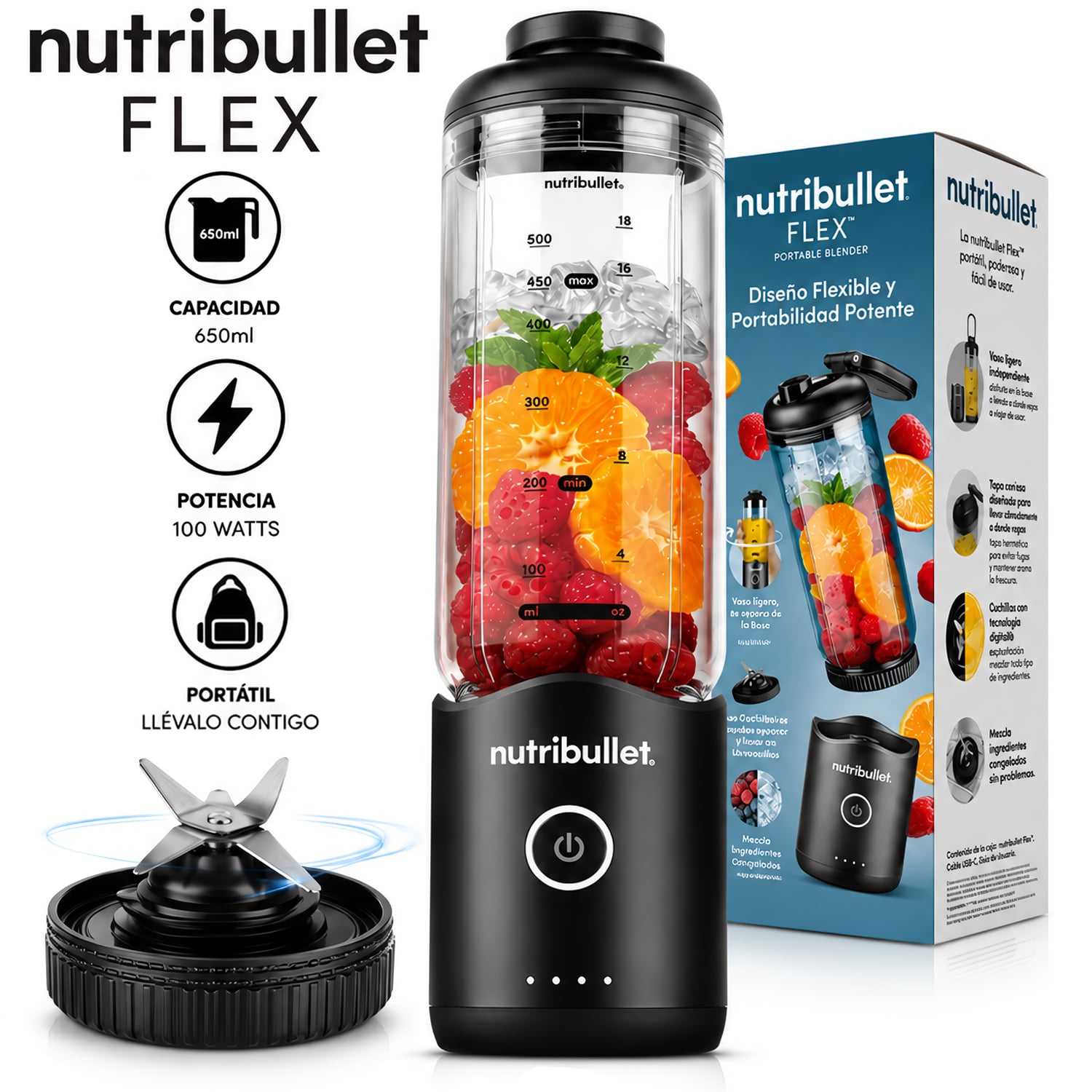 LICUADORA PORTÁTIL NUTRIBULLET FLEX 650 ML PARA SMOOTHIES Y BATIDOS NEGRO - 1