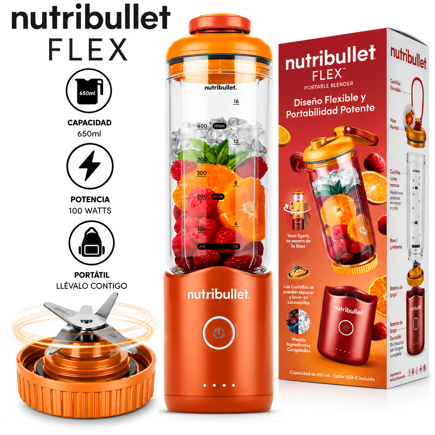 LICUADORA PORTÁTIL NUTRIBULLET FLEX 650 ML PARA SMOOTHIES Y BATIDOS NARANJA - 1